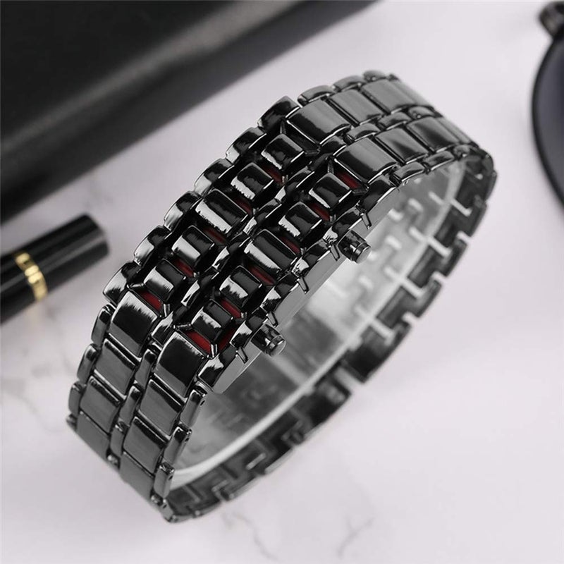 FANMIS Fashion Men's Simple Sports Watch Electronic Binary Digital LED Lava Alloy Rectangular Chain Watch (Men Black Red) - Image 4